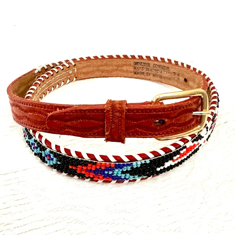 Vintage Brown Leather Belt with Multicolor Beadwork